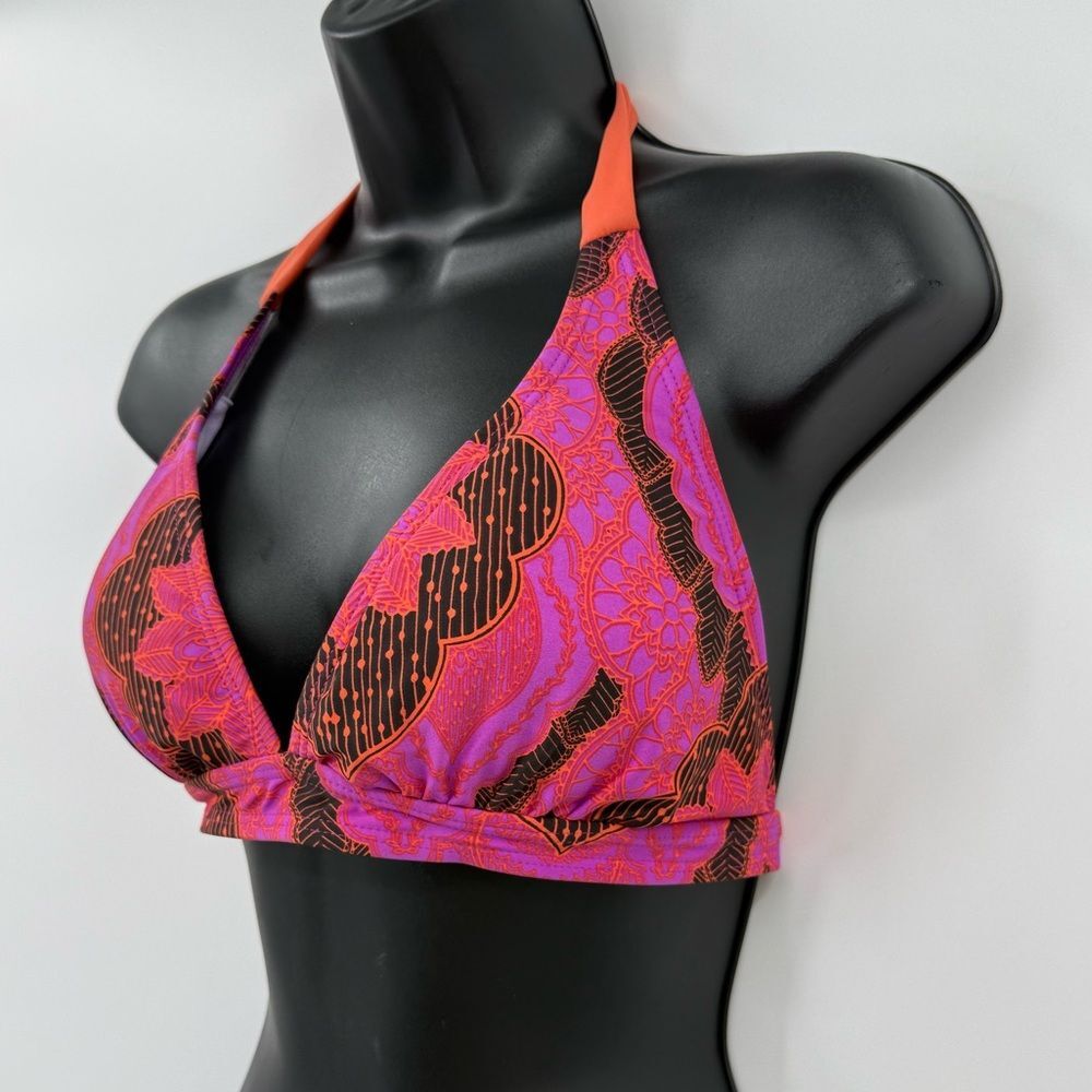 Prana Halter Triangle Tie Back Bikini Top in Pink / Orange / Brown Print | XL